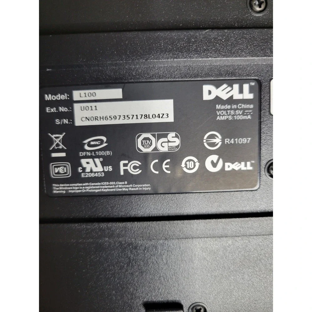 Dell L100 Wired USB Keyboard Black Full Size QWERTY Numeric Keypad U011 REV A02